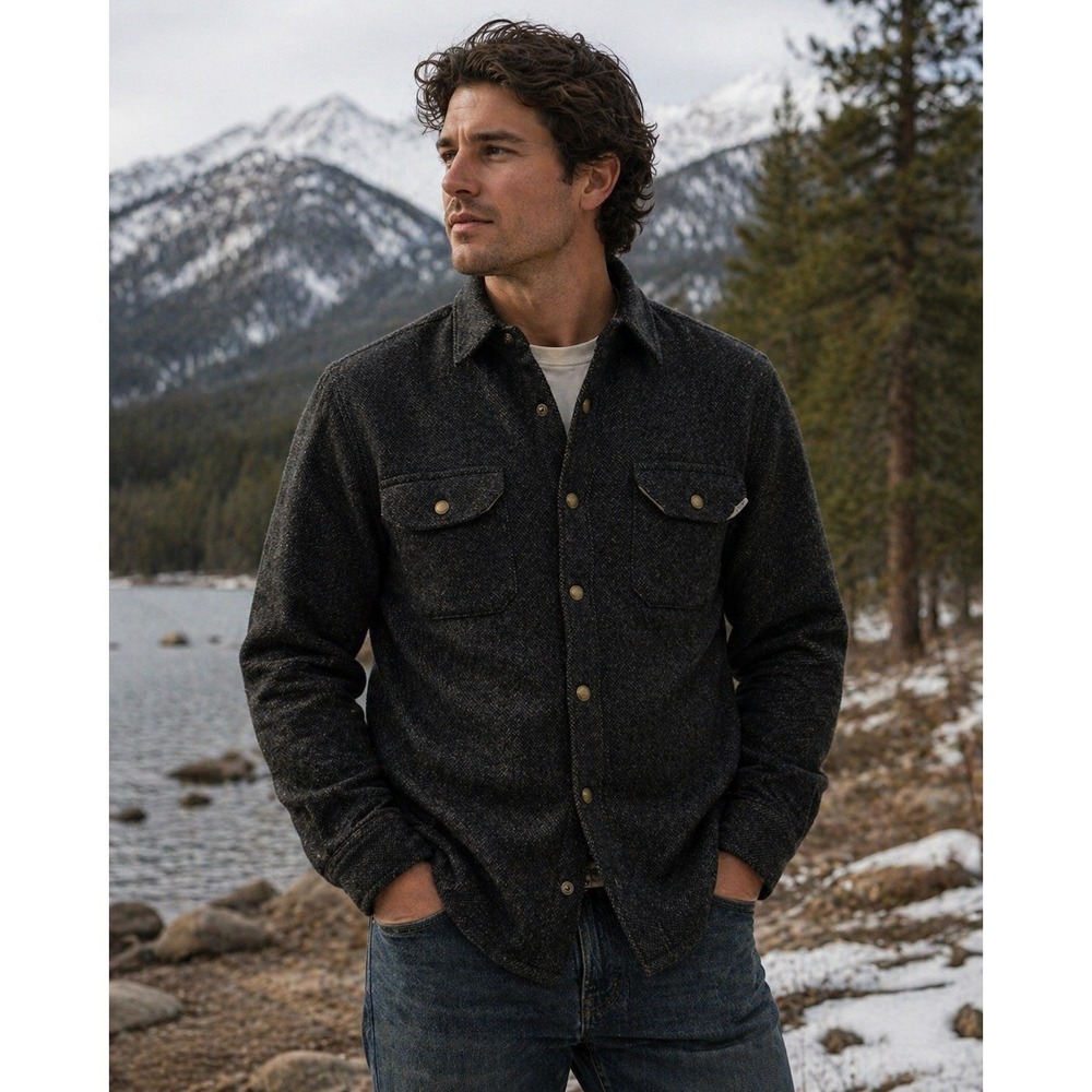 Pendleton Shirt Jacket Mens Medium‎ Grey Black Twill Lambswool Snap Front RA504